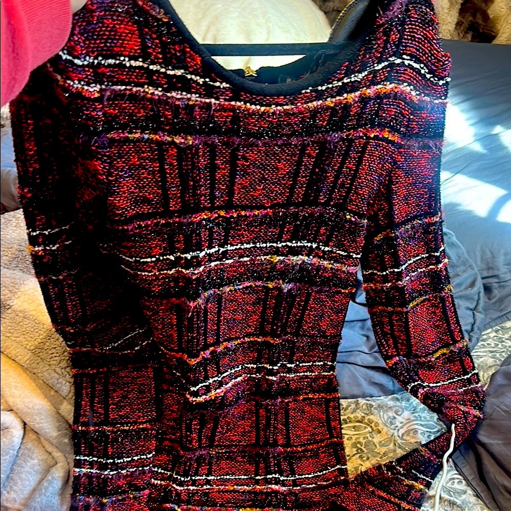 Auth Balmain Red woven tweed styled knee length dress